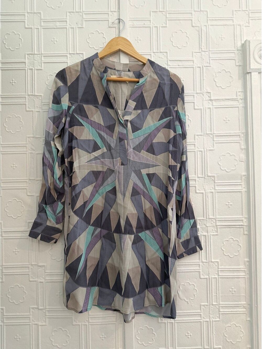 Mara Hoffman Geometric Print Shift Dress Size S - Purple & Mint Long Sleeve